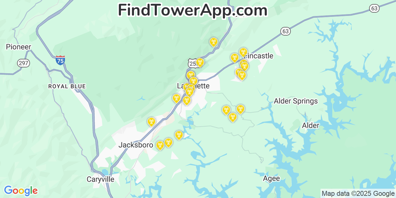 Map showing the 24 primary AT&T cell tower locations detected in Lafollette, Tennessee with coverage radius and signal strength indicators