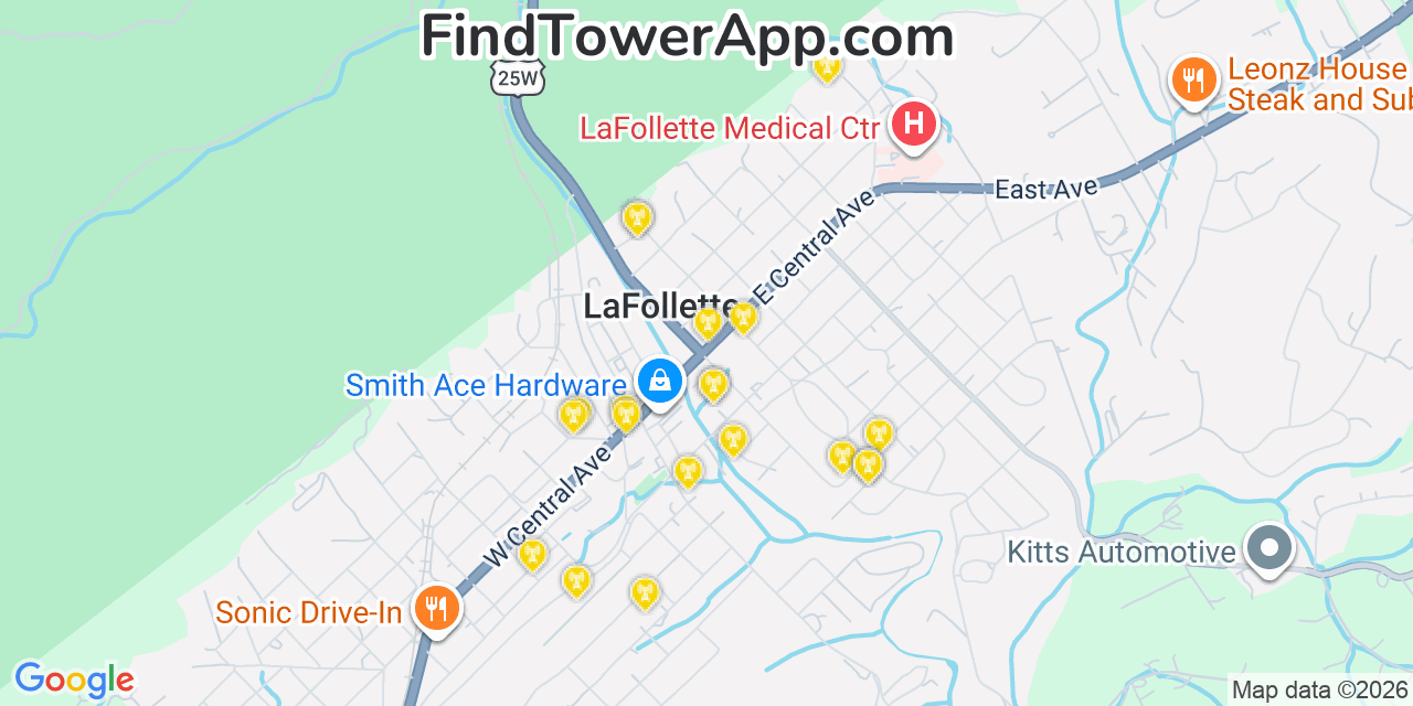 Map showing the 20 primary cell tower locations detected in Lafollette, Tennessee from AT&T, Verizon, and T-Mobile networks