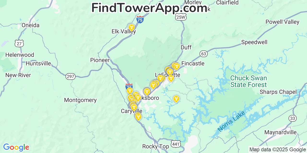 Map showing the 37 primary T-Mobile cell tower locations detected in Lafollette, Tennessee with coverage radius and signal strength indicators