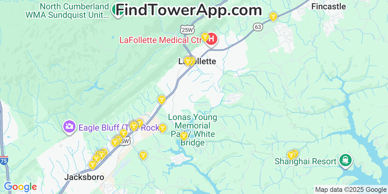 Map showing the 25 primary Verizon cell tower locations detected in Lafollette, Tennessee with coverage radius and signal strength indicators
