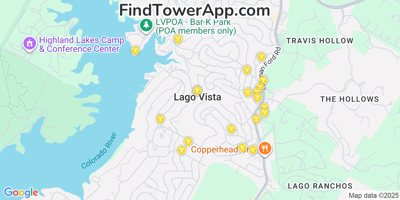 Map showing the 20 primary cell tower locations detected in Lago Vista, Texas from AT&T, Verizon, and T-Mobile networks