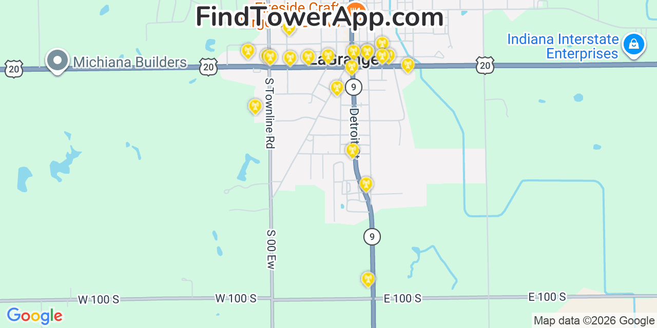 Map showing the 20 primary cell tower locations detected in Lagrange, Indiana from AT&T, Verizon, and T-Mobile networks