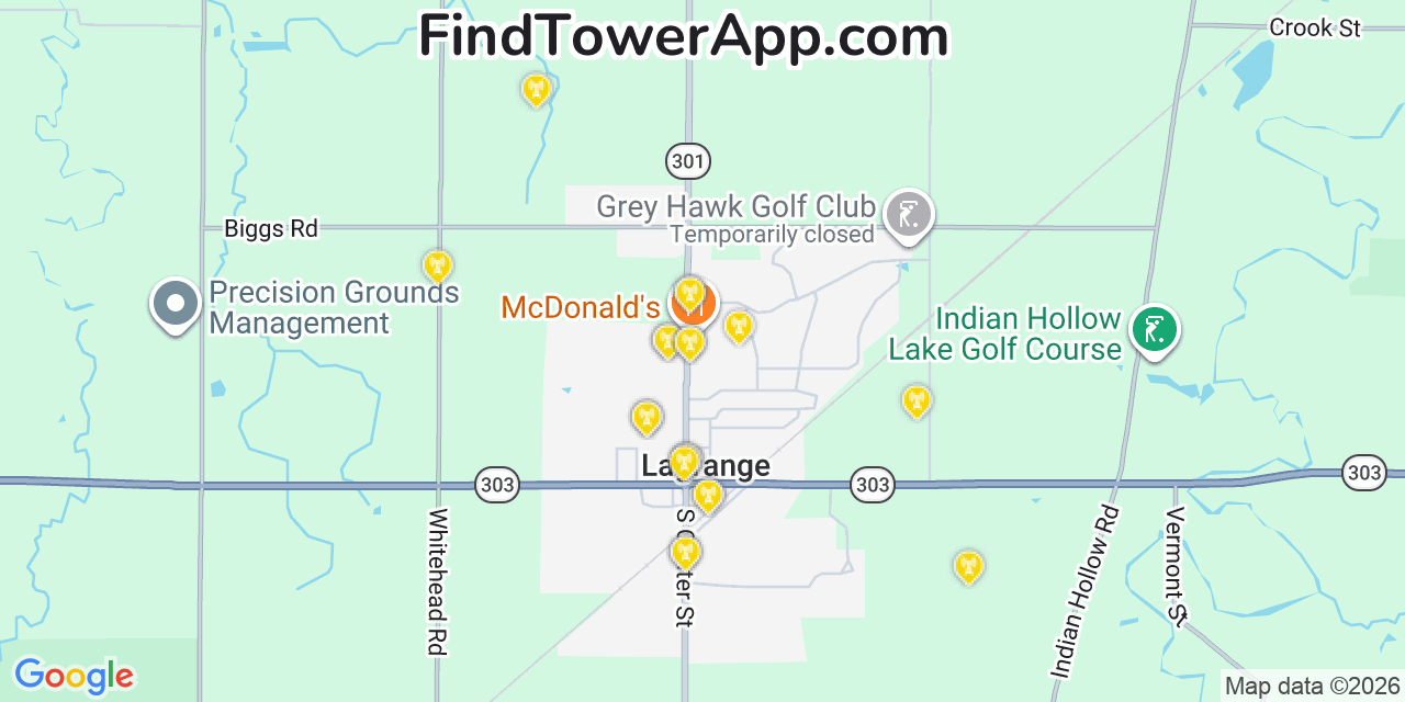 Map showing the 20 primary cell tower locations detected in Lagrange, Ohio from AT&T, Verizon, and T-Mobile networks