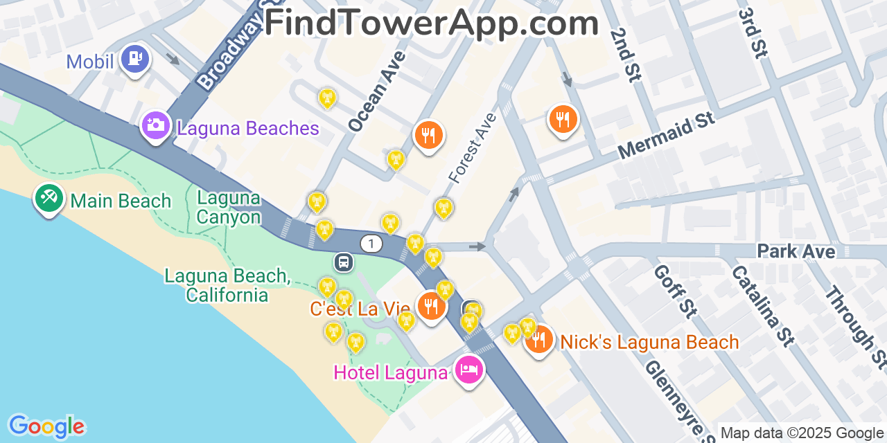 Map showing the 20 primary cell tower locations detected in Laguna Beach, California from AT&T, Verizon, and T-Mobile networks