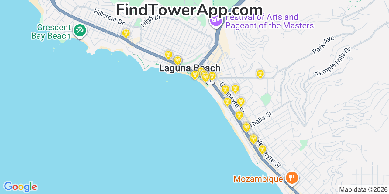 Map showing the 20 primary cell tower locations detected in Laguna Beach, California from AT&T, Verizon, and T-Mobile networks