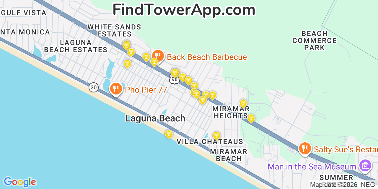 Map showing the 20 primary cell tower locations detected in Laguna Beach, Florida from AT&T, Verizon, and T-Mobile networks