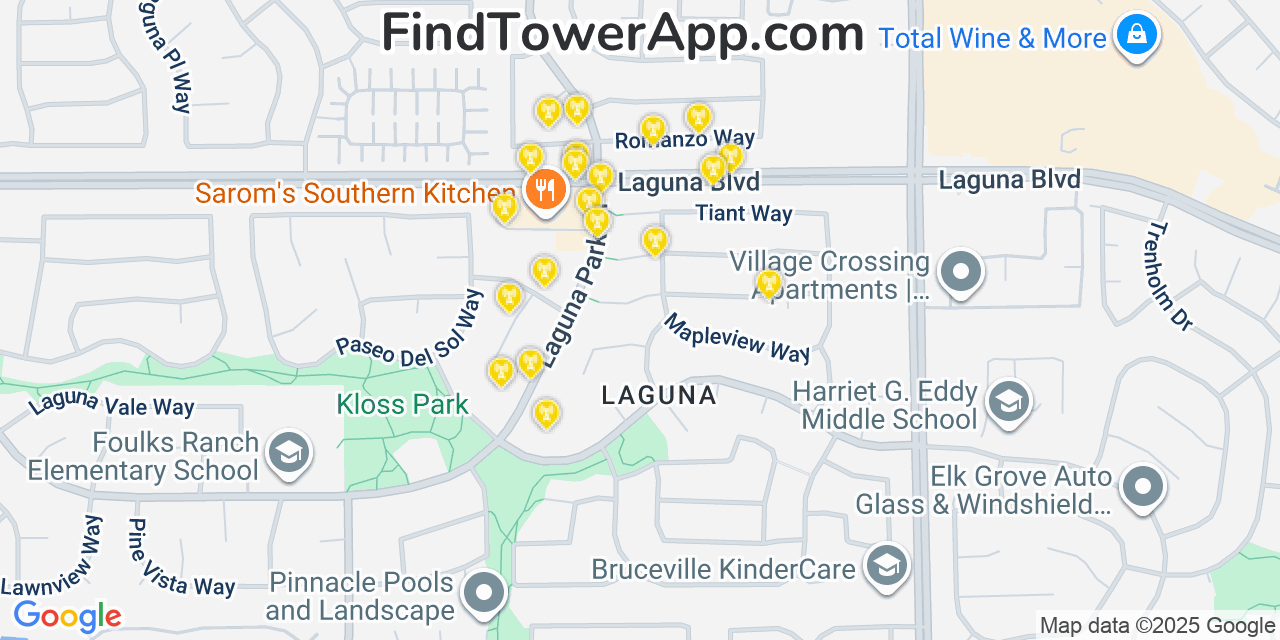 Map showing the 20 primary cell tower locations detected in Laguna, California from AT&T, Verizon, and T-Mobile networks