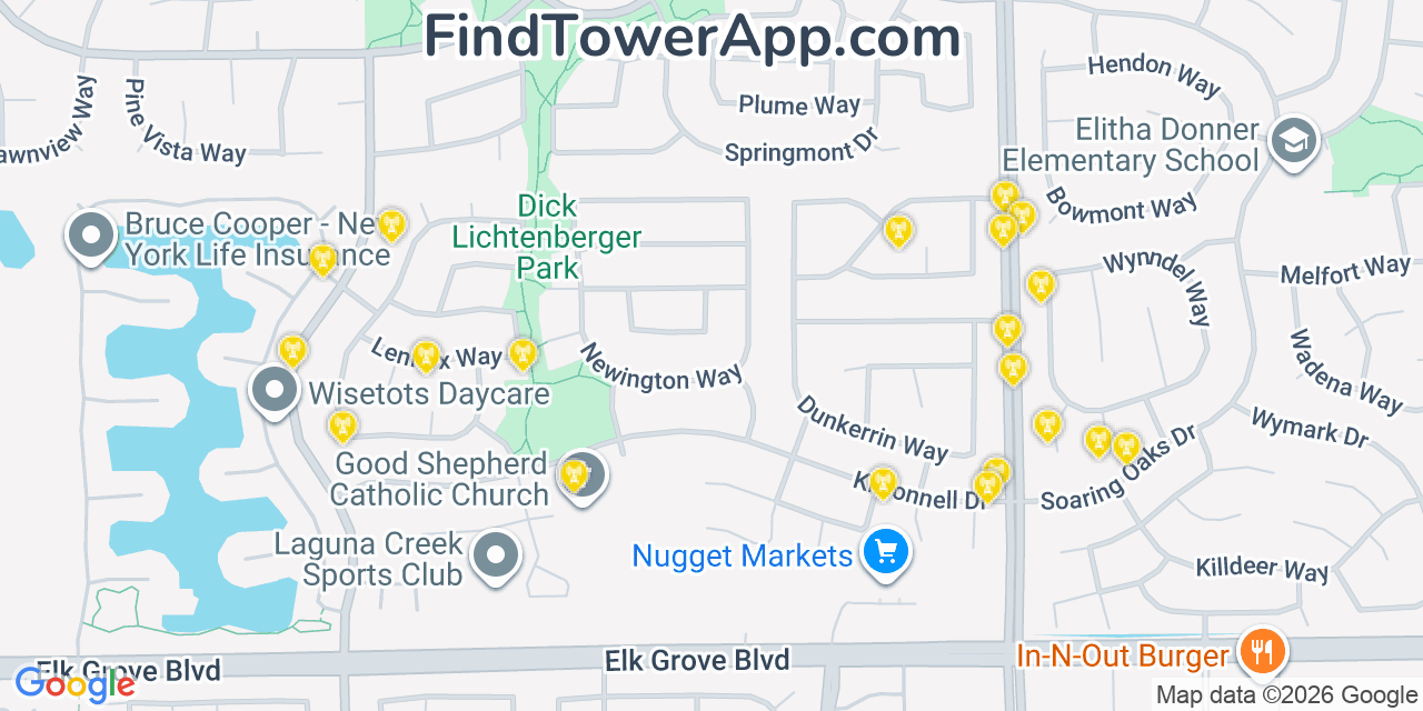 Map showing the 20 primary cell tower locations detected in Laguna, California from AT&T, Verizon, and T-Mobile networks