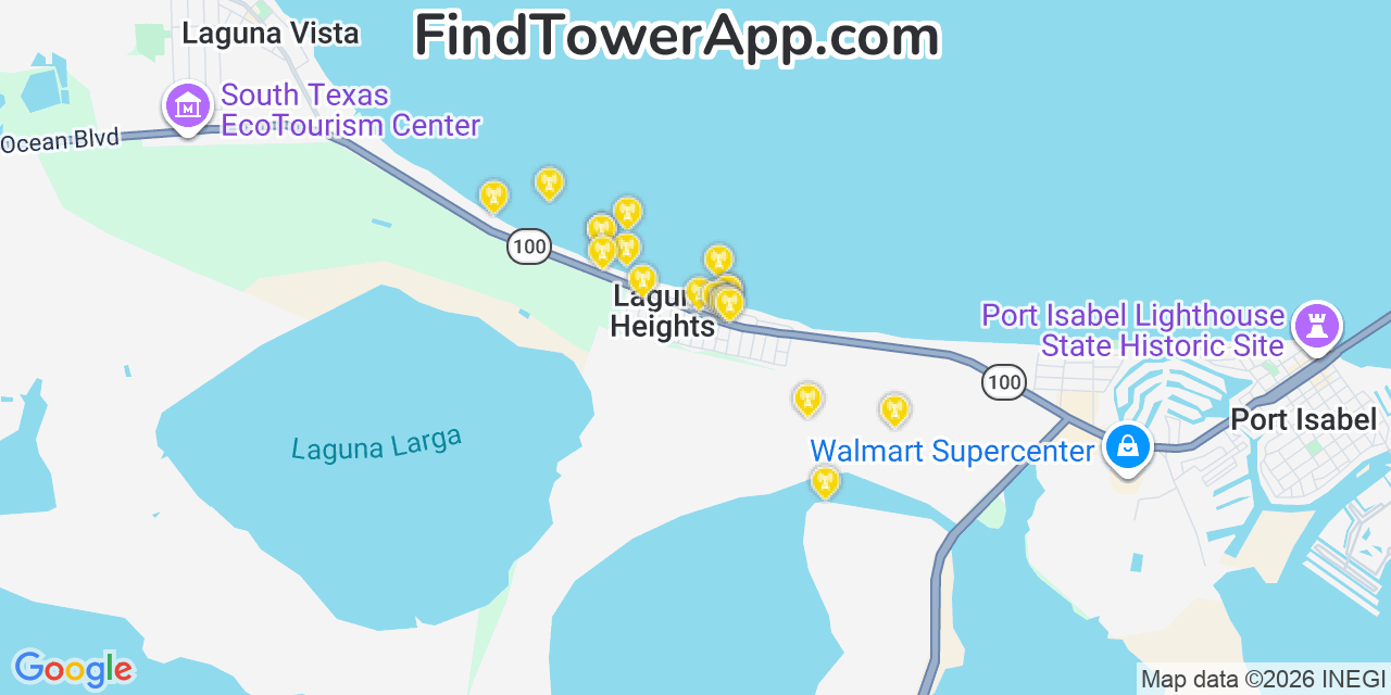 Map showing the 20 primary cell tower locations detected in Laguna Heights, Texas from AT&T, Verizon, and T-Mobile networks