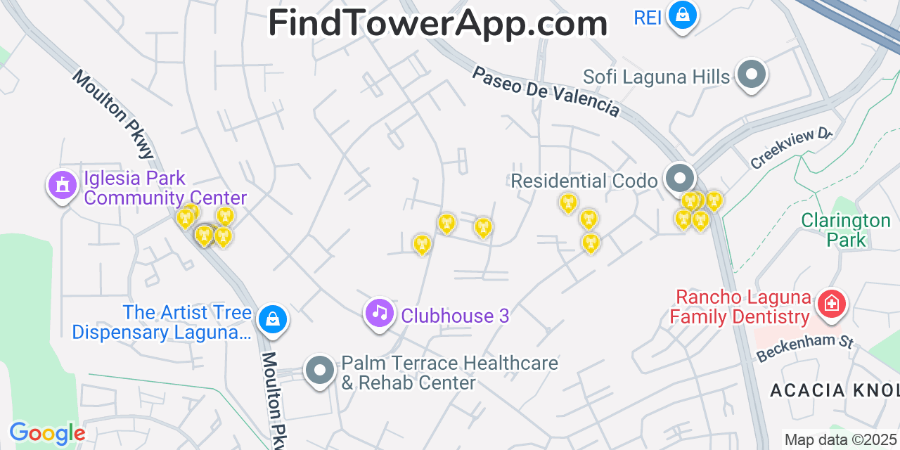 Map showing the 20 primary cell tower locations detected in Laguna Hills, California from AT&T, Verizon, and T-Mobile networks