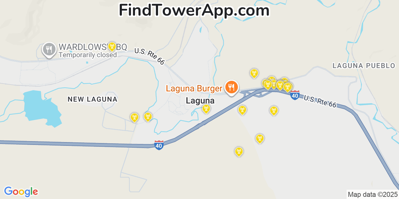 Map showing the 20 primary cell tower locations detected in Laguna, New Mexico from AT&T, Verizon, and T-Mobile networks