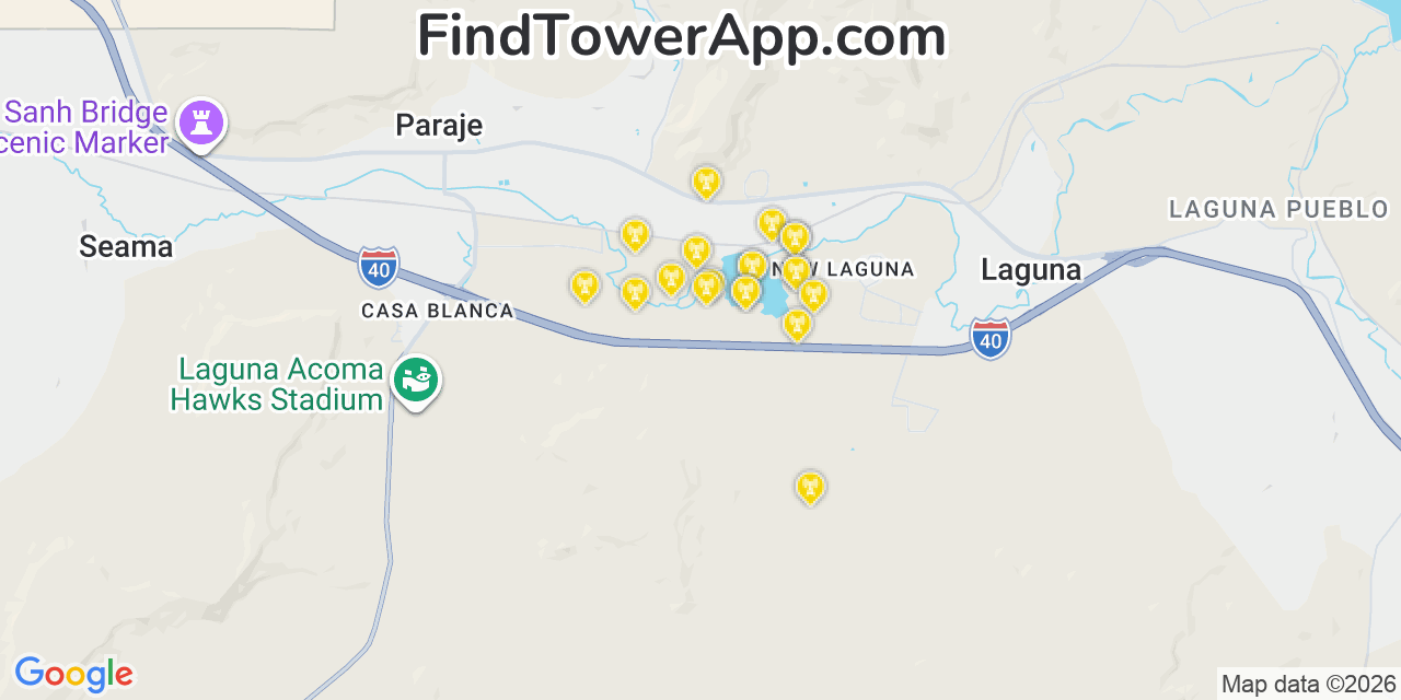 Map showing the 20 primary cell tower locations detected in Laguna, New Mexico from AT&T, Verizon, and T-Mobile networks