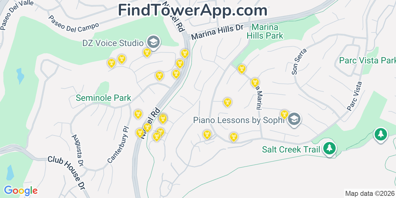 Map showing the 20 primary cell tower locations detected in Laguna Niguel, California from AT&T, Verizon, and T-Mobile networks