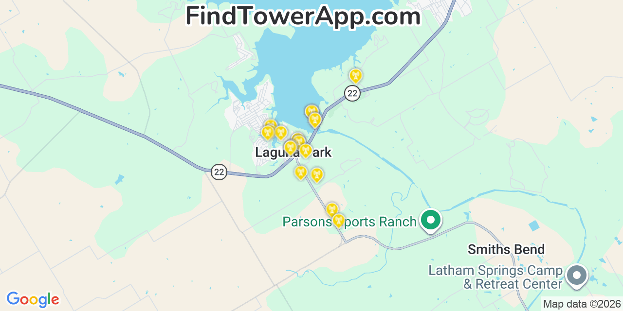 Map showing the 20 primary cell tower locations detected in Laguna Park, Texas from AT&T, Verizon, and T-Mobile networks