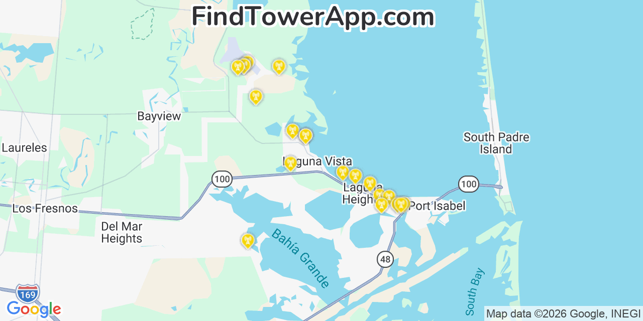Map showing the 20 primary cell tower locations detected in Laguna Vista, Texas from AT&T, Verizon, and T-Mobile networks