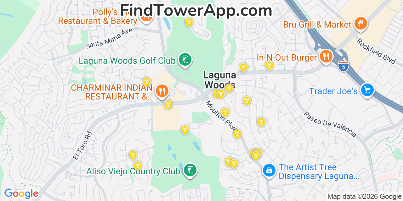 Map showing the 20 primary cell tower locations detected in Laguna Woods, California from AT&T, Verizon, and T-Mobile networks