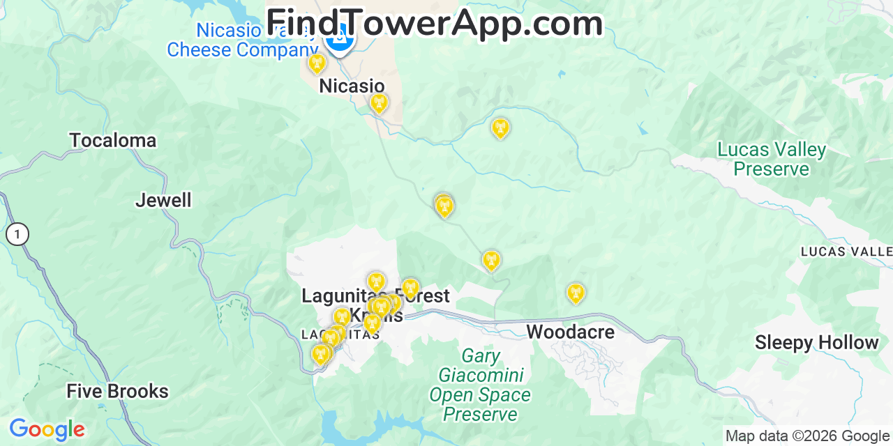 Map showing the 20 primary cell tower locations detected in Lagunitas Forest Knolls, California from AT&T, Verizon, and T-Mobile networks