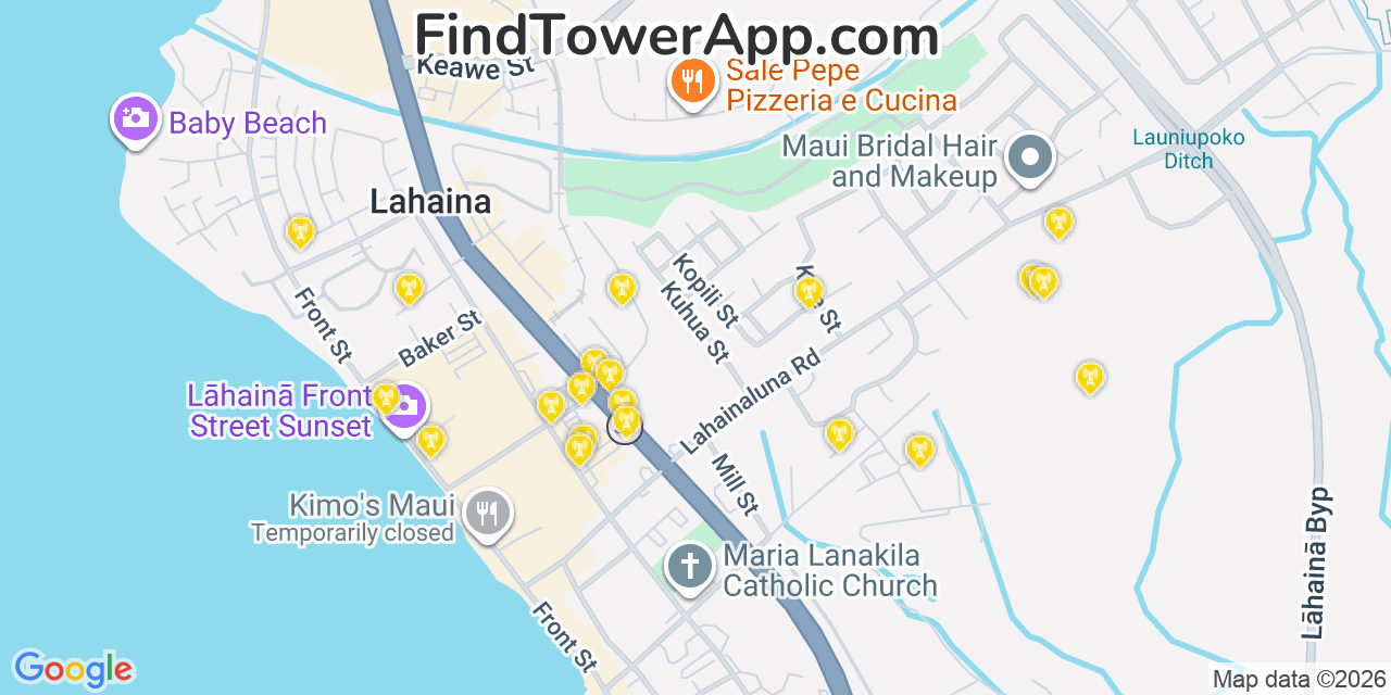 Map showing the 20 primary cell tower locations detected in Lahaina, Hawaii from AT&T, Verizon, and T-Mobile networks