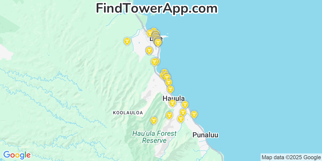 Map showing the 37 primary AT&T cell tower locations detected in Lāie, Hawaii with coverage radius and signal strength indicators