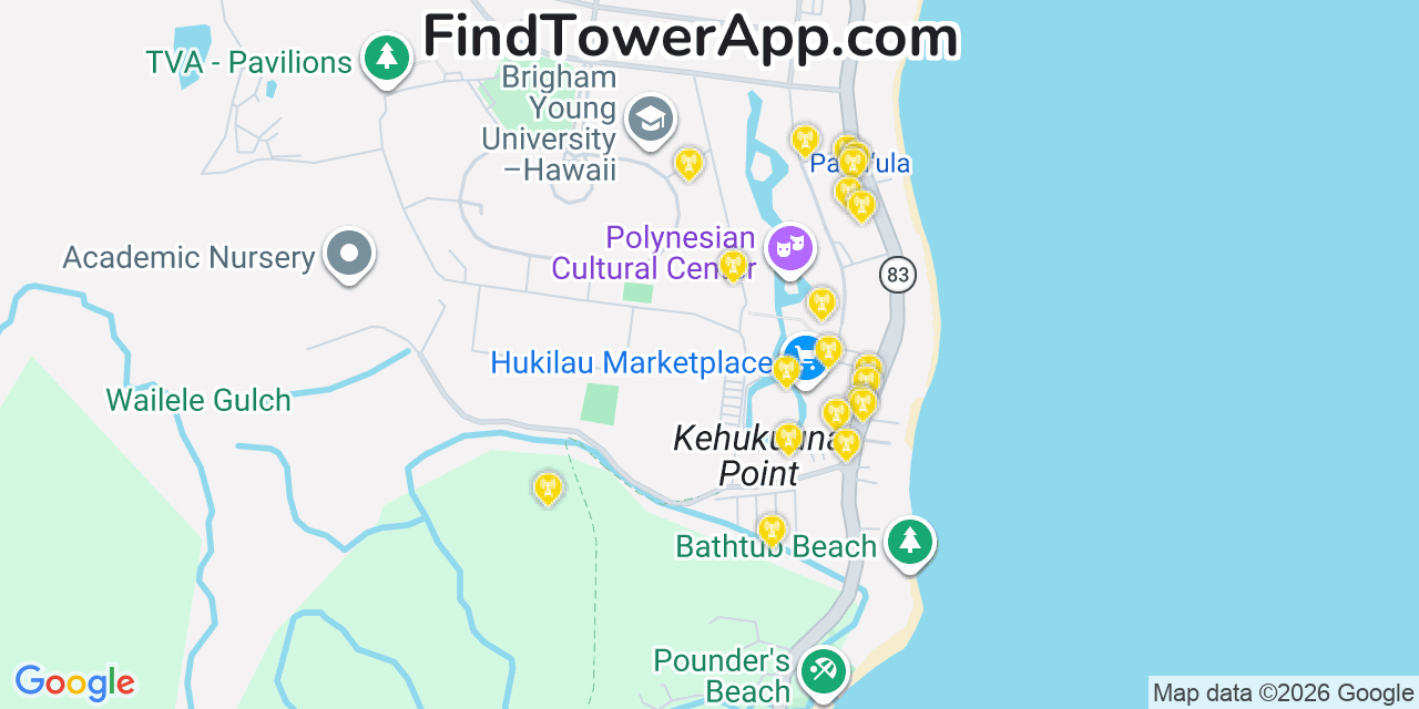 Map showing the 20 primary cell tower locations detected in Lāie, Hawaii from AT&T, Verizon, and T-Mobile networks