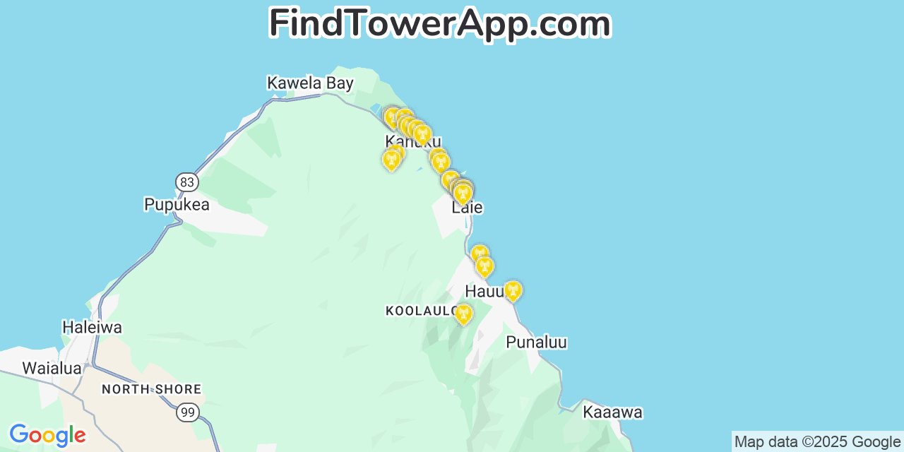 Map showing the 24 primary Verizon cell tower locations detected in Lāie, Hawaii with coverage radius and signal strength indicators