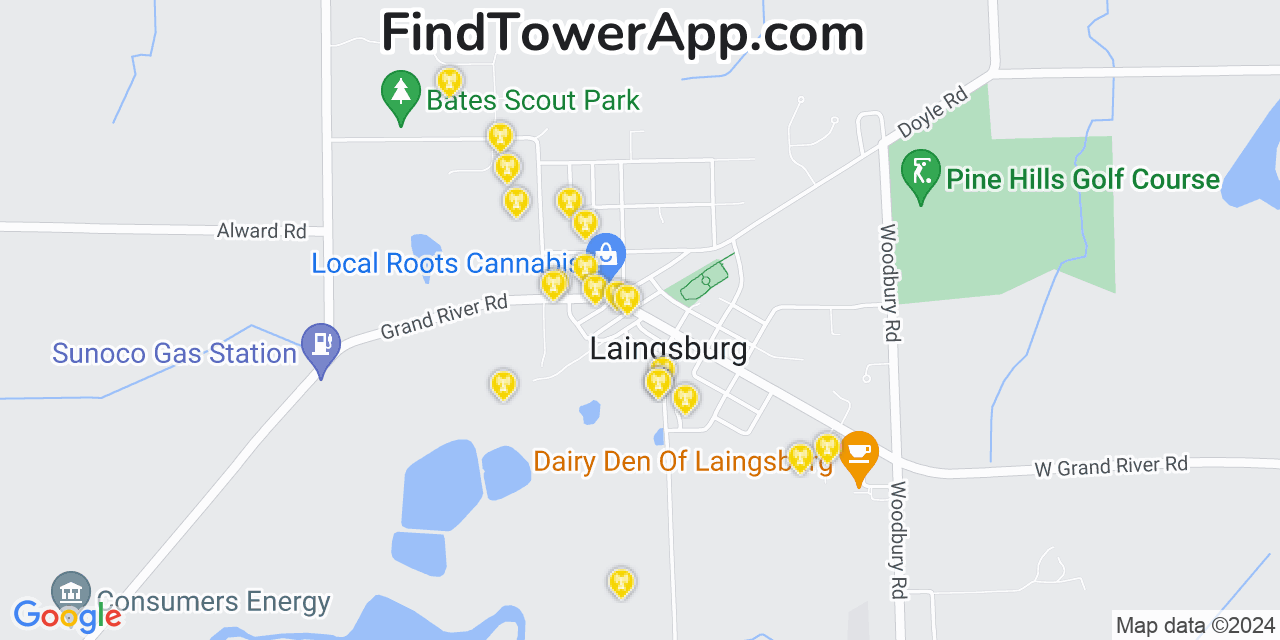 AT&T 4G/5G cell tower coverage map Laingsburg, Michigan