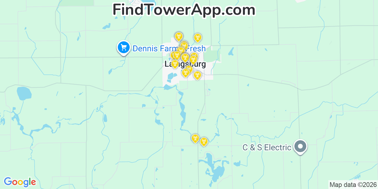 Map showing the 20 primary cell tower locations detected in Laingsburg, Michigan from AT&T, Verizon, and T-Mobile networks