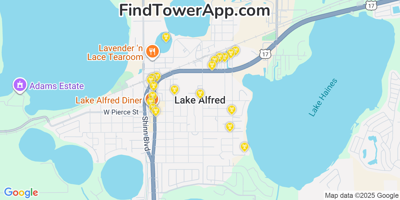 Map showing the 20 primary cell tower locations detected in Lake Alfred, Florida from AT&T, Verizon, and T-Mobile networks