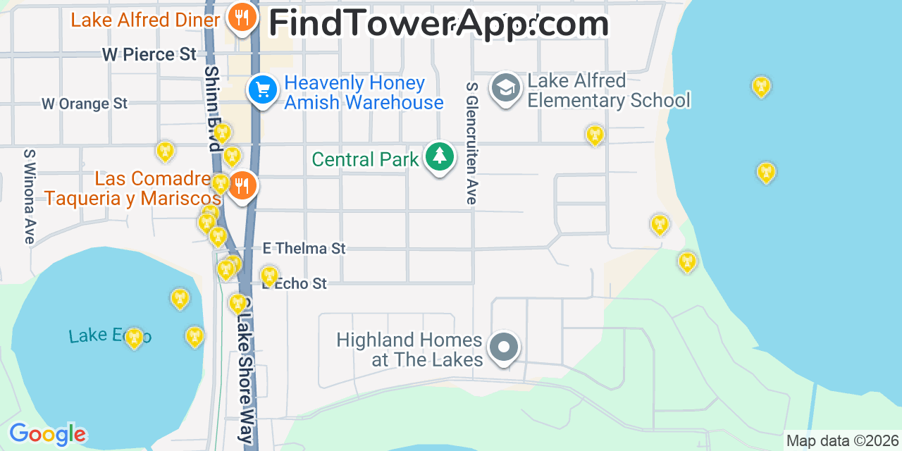 Map showing the 20 primary cell tower locations detected in Lake Alfred, Florida from AT&T, Verizon, and T-Mobile networks