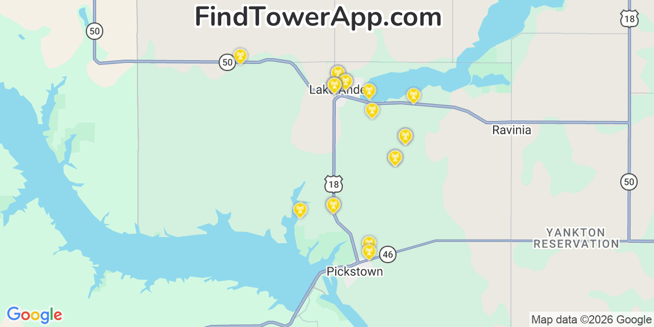 Map showing the 20 primary cell tower locations detected in Lake Andes, South Dakota from AT&T, Verizon, and T-Mobile networks