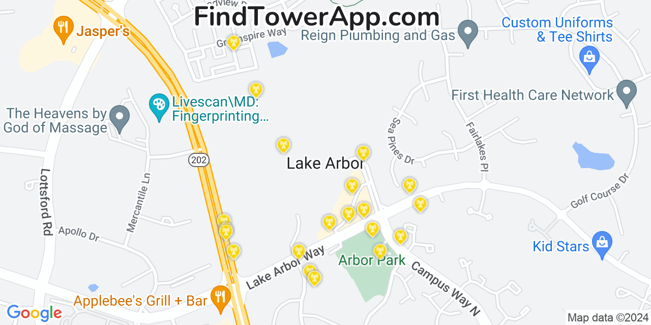 AT&T 4G/5G cell tower coverage map Lake Arbor, Maryland