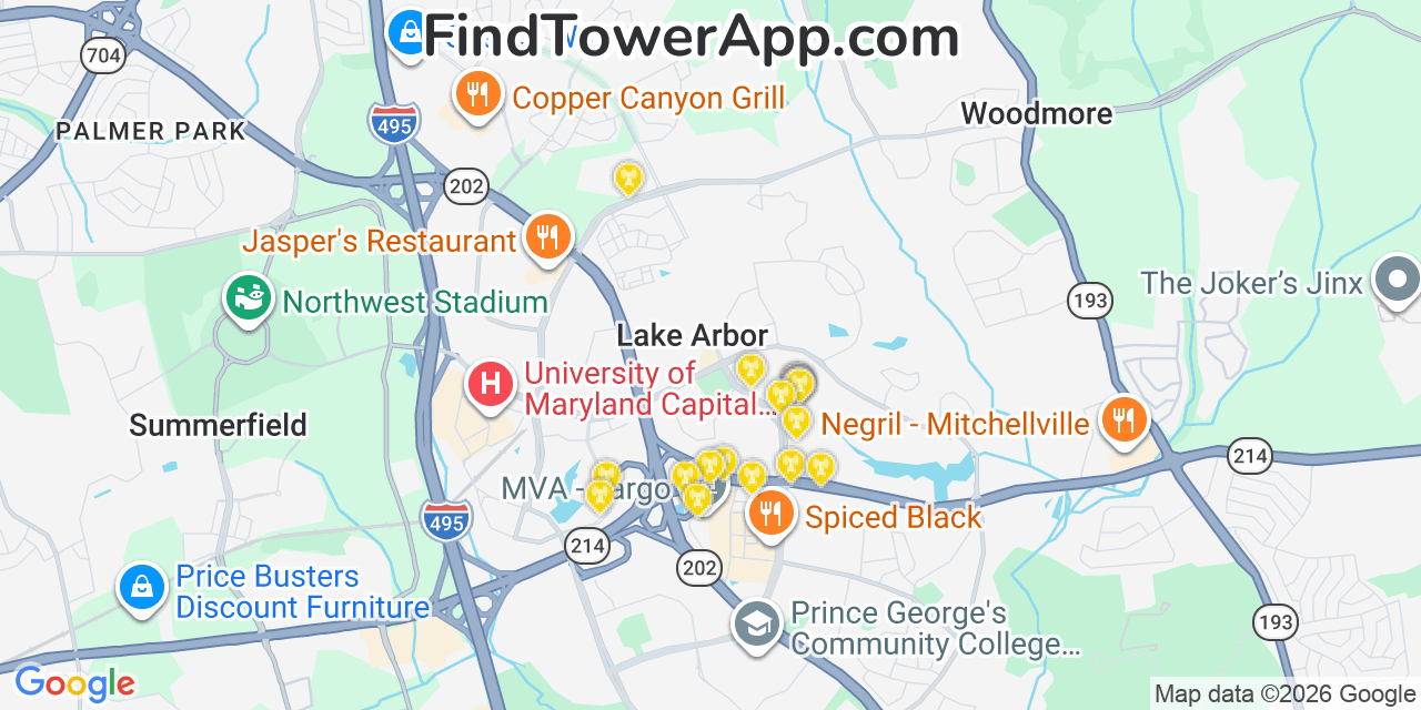 Map showing the 20 primary cell tower locations detected in Lake Arbor, Maryland from AT&T, Verizon, and T-Mobile networks