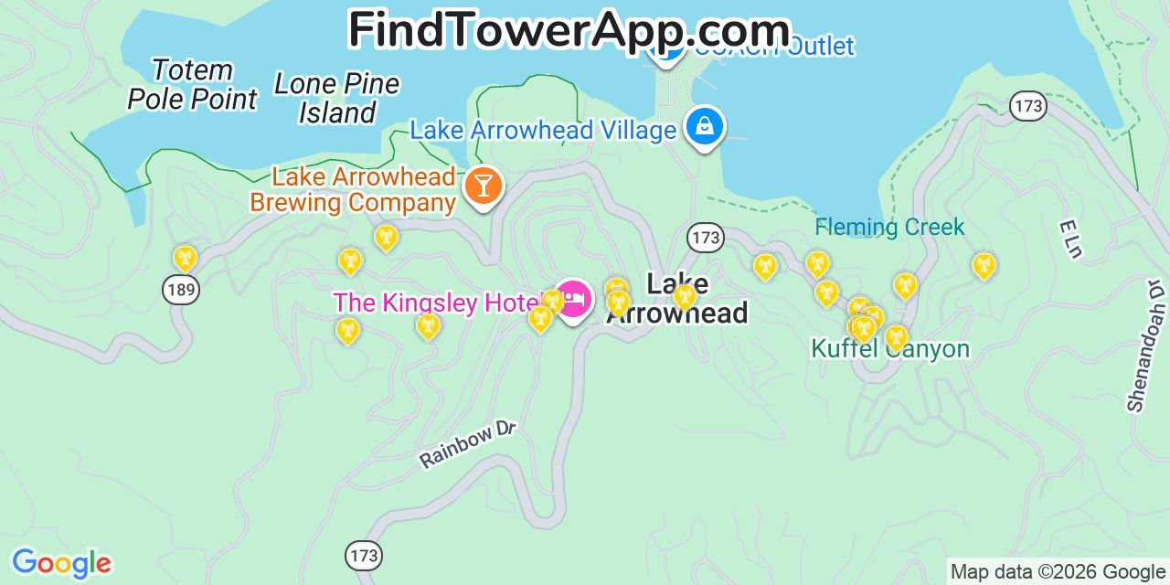 Map showing the 20 primary cell tower locations detected in Lake Arrowhead, California from AT&T, Verizon, and T-Mobile networks