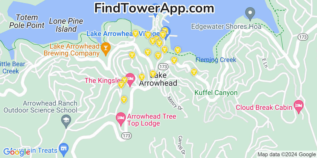 Verizon 4G/5G cell tower coverage map Lake Arrowhead, California