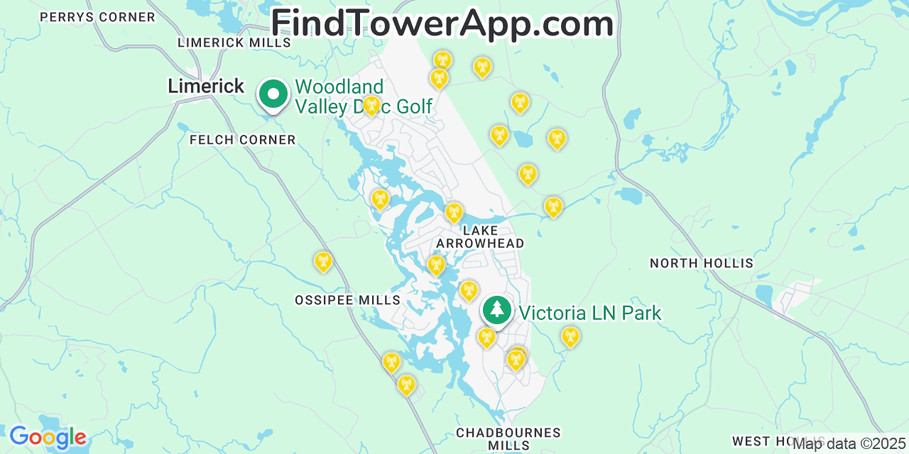 Map showing the 20 primary cell tower locations detected in Lake Arrowhead, Maine from AT&T, Verizon, and T-Mobile networks