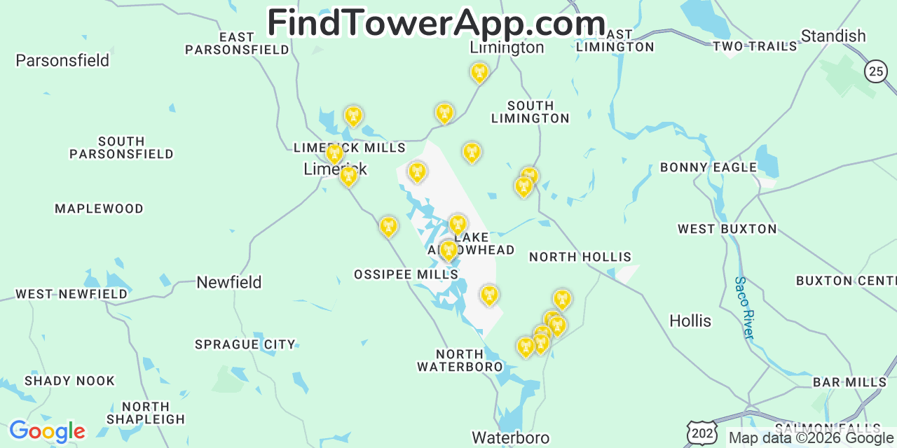 Map showing the 20 primary cell tower locations detected in Lake Arrowhead, Maine from AT&T, Verizon, and T-Mobile networks