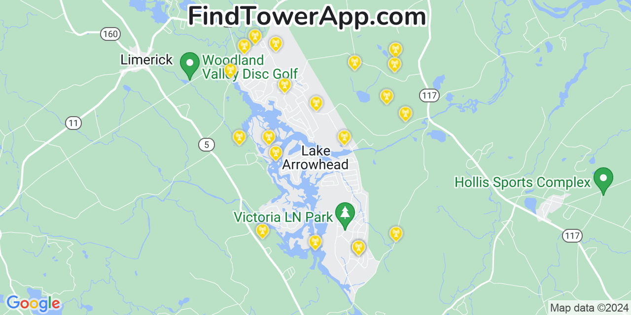 Verizon 4G/5G cell tower coverage map Lake Arrowhead, Maine