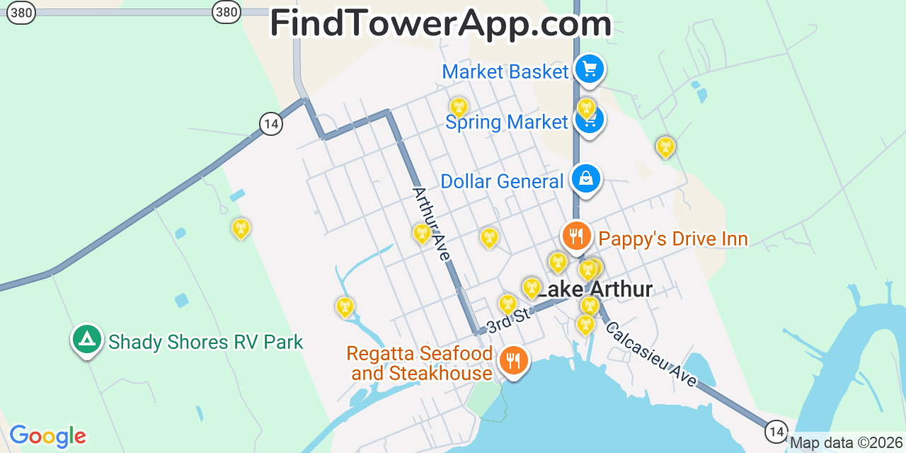 Map showing the 20 primary cell tower locations detected in Lake Arthur, Louisiana from AT&T, Verizon, and T-Mobile networks