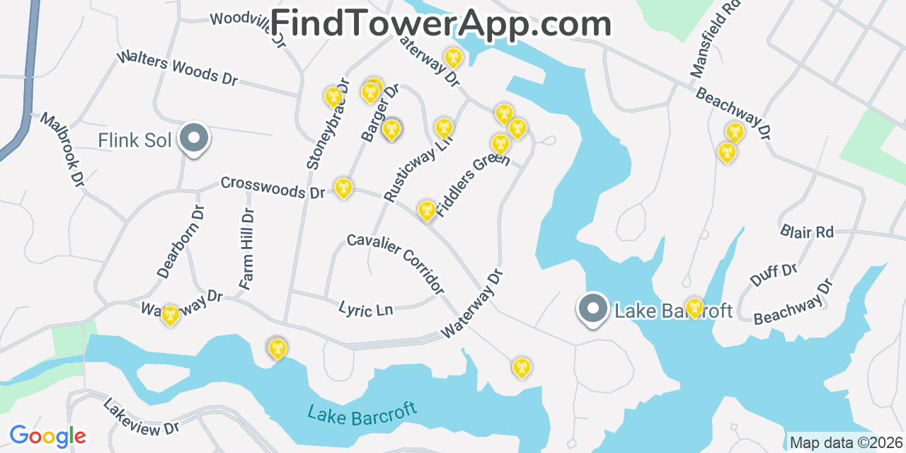 Map showing the 20 primary cell tower locations detected in Lake Barcroft, Virginia from AT&T, Verizon, and T-Mobile networks