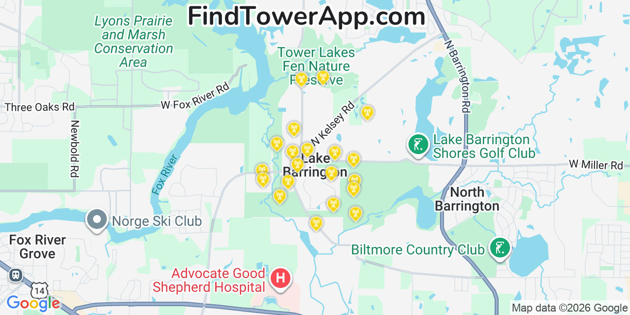 Map showing the 20 primary cell tower locations detected in Lake Barrington, Illinois from AT&T, Verizon, and T-Mobile networks