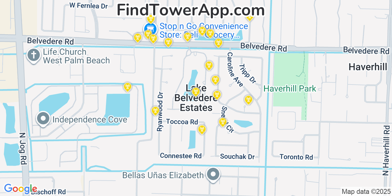 Map showing the 20 primary cell tower locations detected in Lake Belvedere Estates, Florida from AT&T, Verizon, and T-Mobile networks