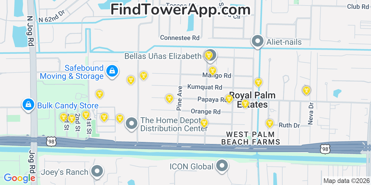 Map showing the 20 primary cell tower locations detected in Lake Belvedere Estates, Florida from AT&T, Verizon, and T-Mobile networks