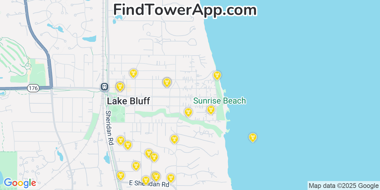 Map showing the 20 primary cell tower locations detected in Lake Bluff, Illinois from AT&T, Verizon, and T-Mobile networks
