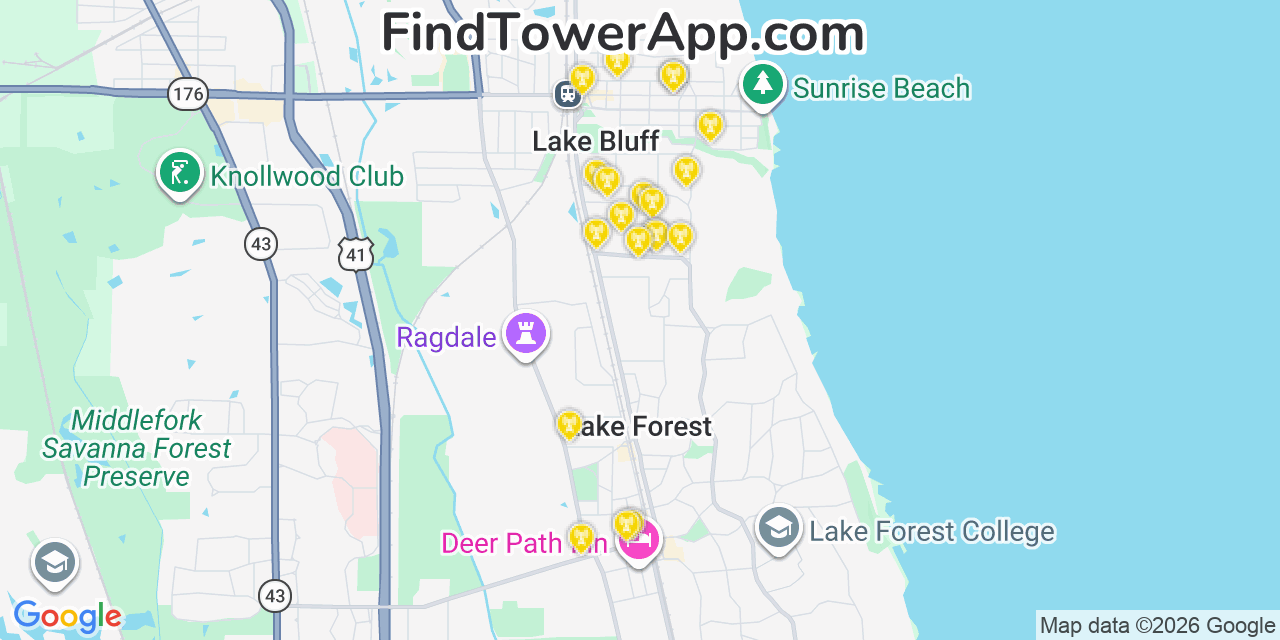 Map showing the 20 primary cell tower locations detected in Lake Bluff, Illinois from AT&T, Verizon, and T-Mobile networks