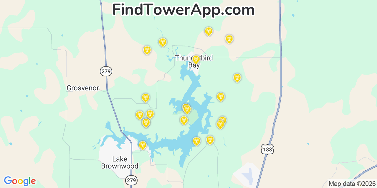 Map showing the 20 primary cell tower locations detected in Lake Brownwood, Texas from AT&T, Verizon, and T-Mobile networks