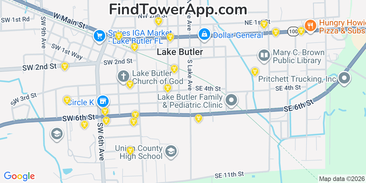 Map showing the 20 primary cell tower locations detected in Lake Butler, Florida from AT&T, Verizon, and T-Mobile networks