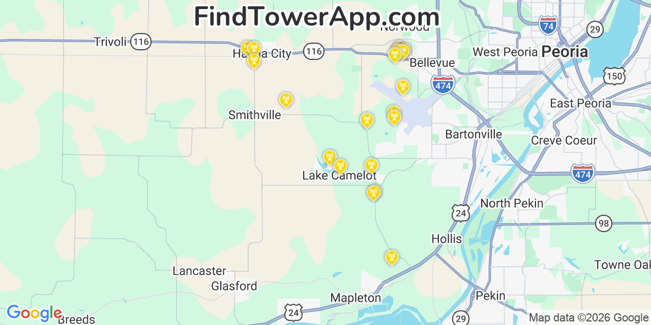 Map showing the 20 primary cell tower locations detected in Lake Camelot, Illinois from AT&T, Verizon, and T-Mobile networks