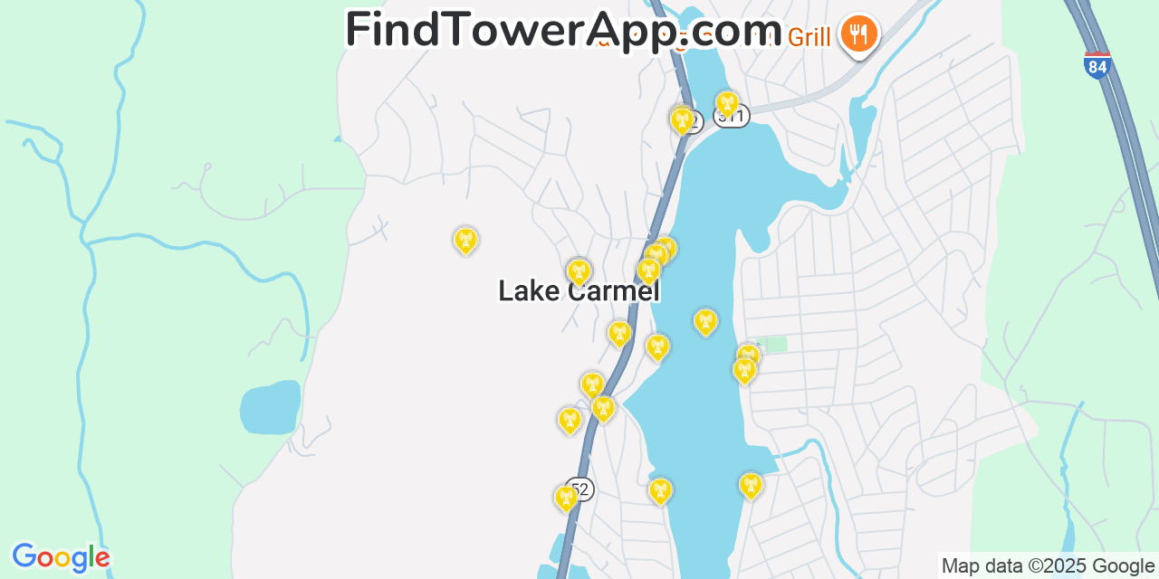 Map showing the 20 primary cell tower locations detected in Lake Carmel, New York from AT&T, Verizon, and T-Mobile networks