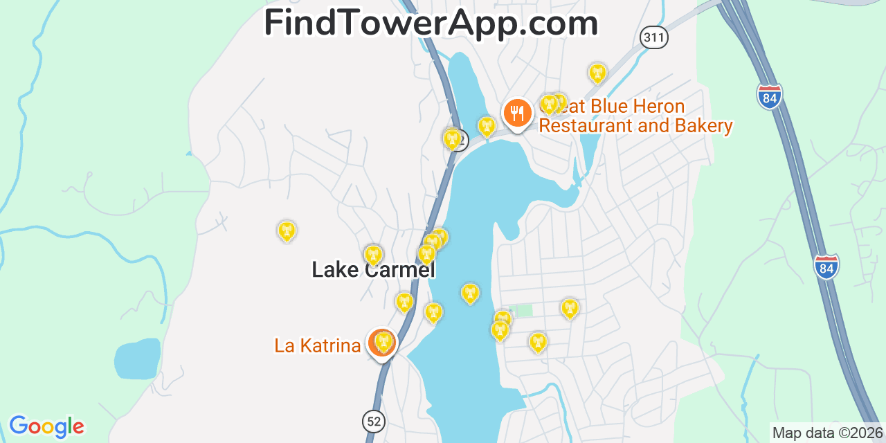 Map showing the 20 primary cell tower locations detected in Lake Carmel, New York from AT&T, Verizon, and T-Mobile networks