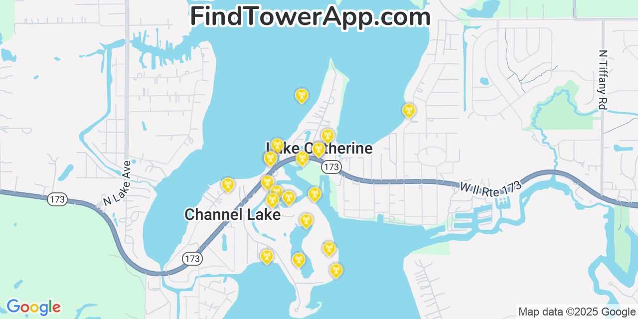 Map showing the 20 primary cell tower locations detected in Lake Catherine, Illinois from AT&T, Verizon, and T-Mobile networks